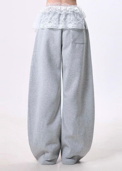 Grey Oversized Patchwork Lace Cotton Wide Leg Pants Spring