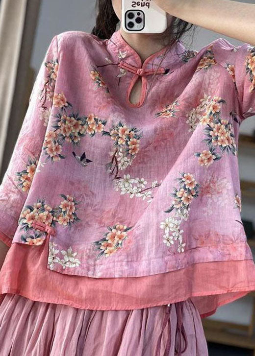 Pink Print Patchwork Blouses Half Sleeve