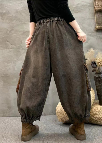 Black Pockets Elastic Waist Patchwork Denim Harem Pants Spring