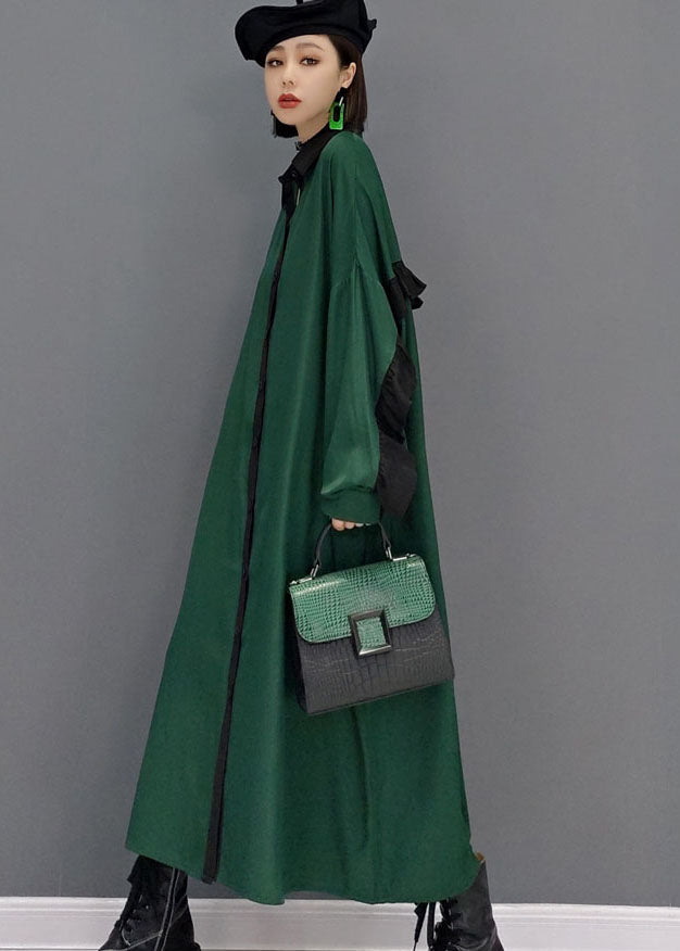 Loose Green Peter Pan Collar Patchwork Shirt Dress Spring