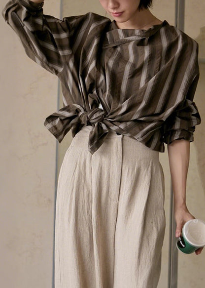 Coffee Striped Button Cotton Blouses Fall