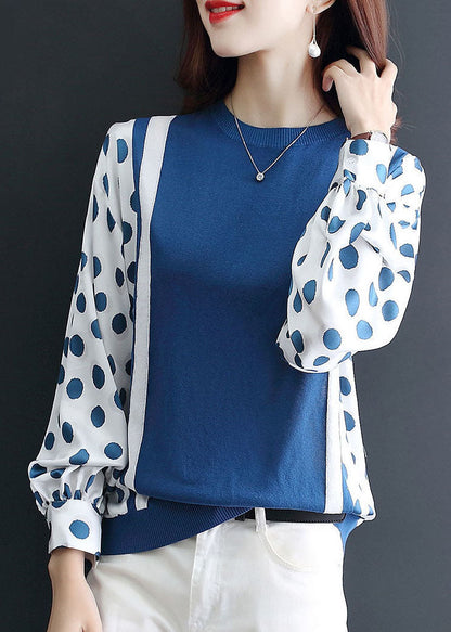Unique Blue O-neck Oversized Patchwork Chiffon Knit Top Spring