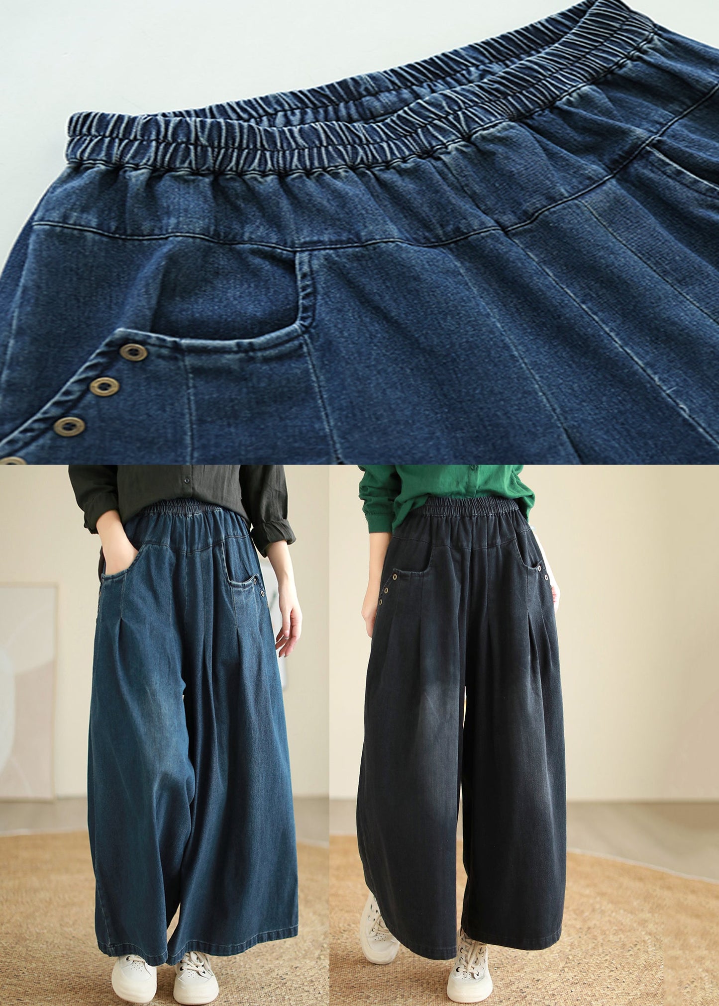 Blue Pockets Patchwork Wide Leg Jeans Spring