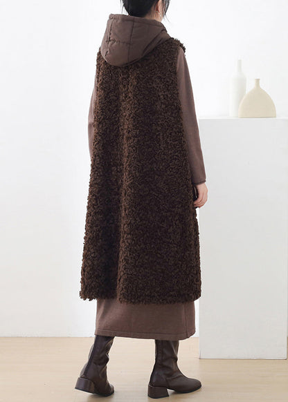 Chocolate Colour Button Woolen Hooded Waistcoat Sleeveless