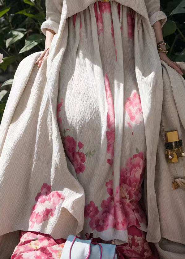 Apricot V Neck Print Wrinkled Silk Maxi Dresses Fall