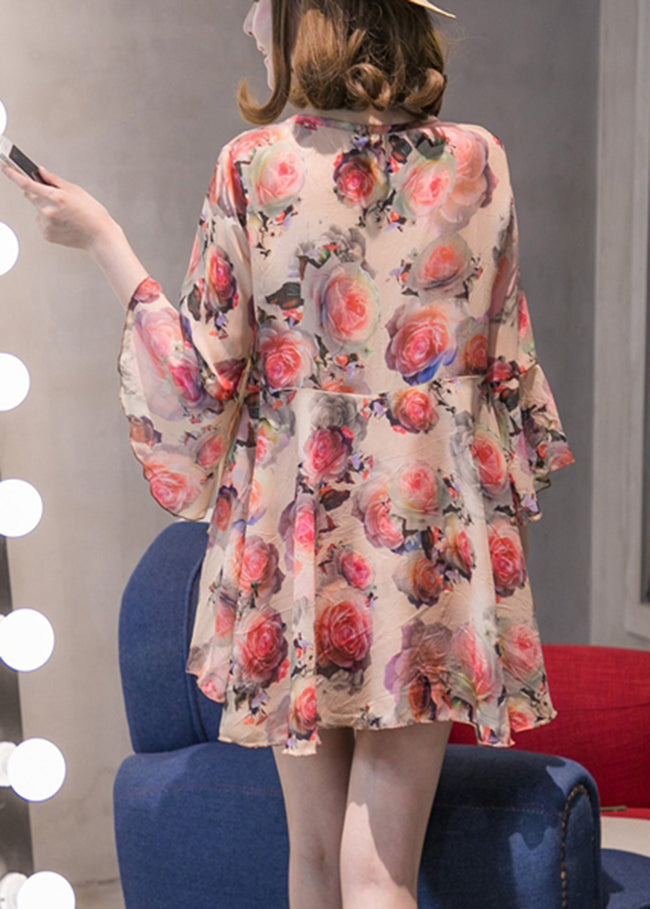 Orange Pink Patchwork Chiffon Top Hot Pants Two Pieces Set Flare Sleeve