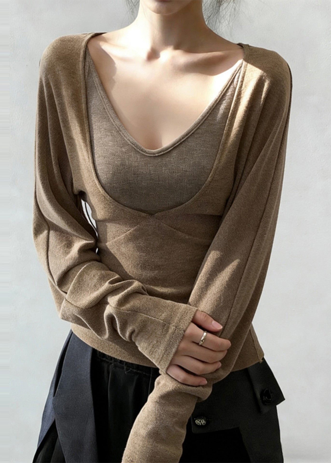 Khaki V Neck Patchwork Cotton Shirt Tops Spring