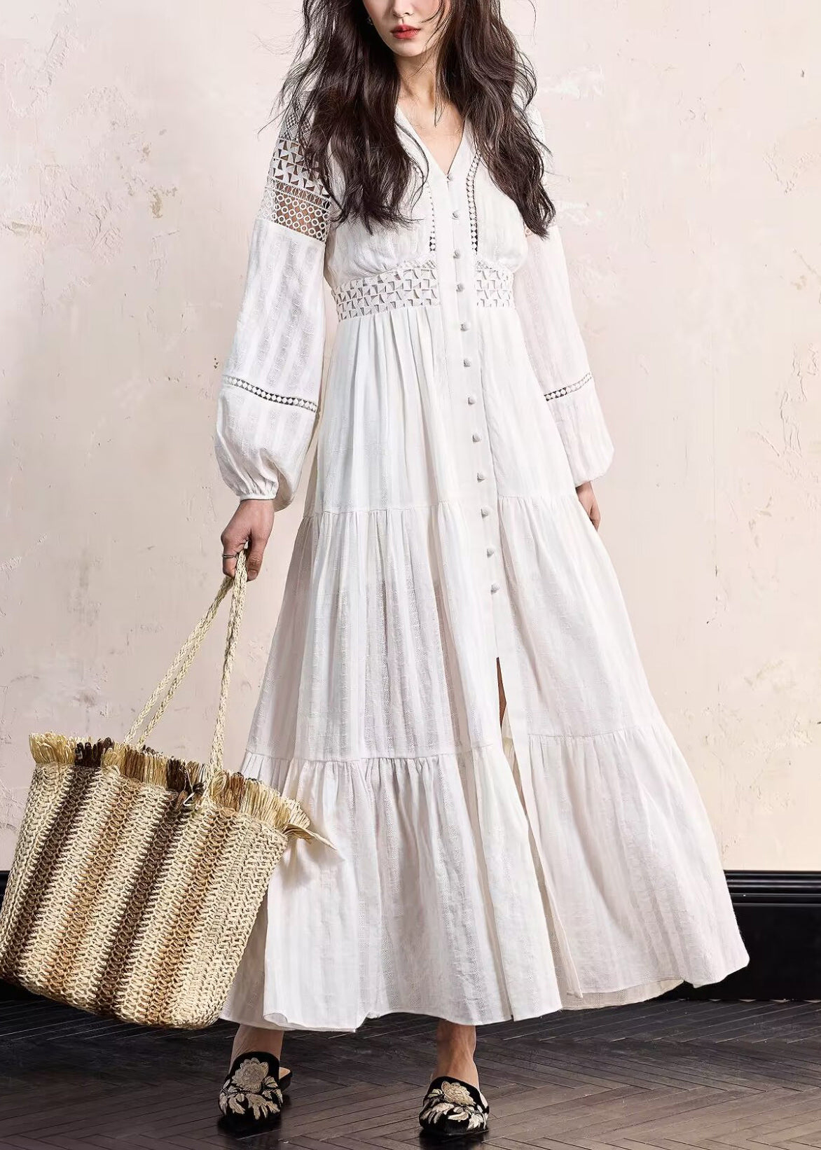 White Hollow Out Wrinkled Cotton Blouses Dress Fall