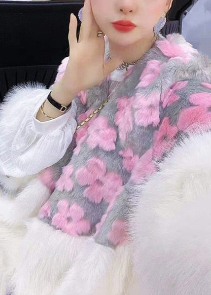 Pink V Neck Pockets Patchwork Fuzzy Fur Fluffy Coat Winter