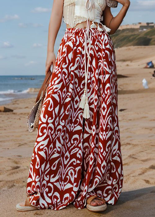 Red Print Elastic Waist Silk Pants Summer