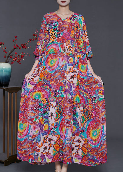 Purple Print Chiffon Holiday Dress Cinched Exra Large Hem Summer
