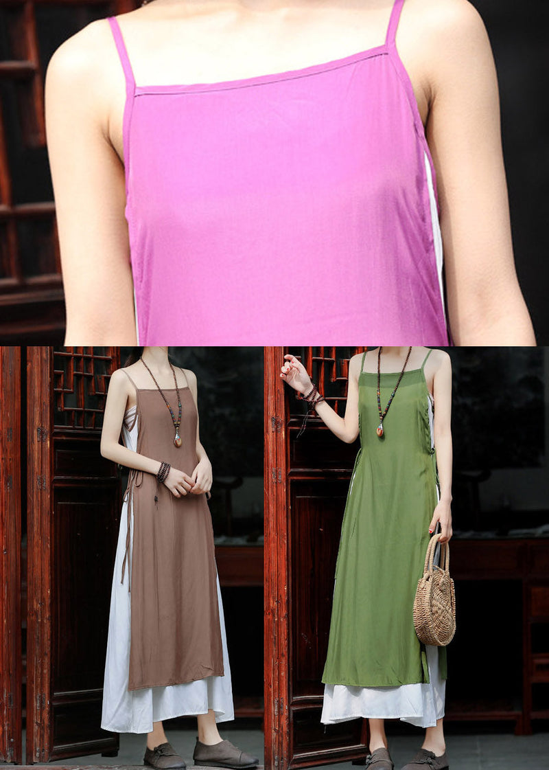 Violet Tie Waist Cotton Fake Two Piece Spaghetti Strap Dress Summer