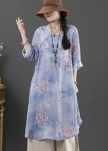 Style Purple Print Oriental Long Linen Shirt Top Summer