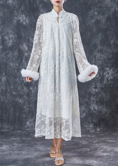 White Embroidered Patchwork Mink Hair Lace Dresses Spring