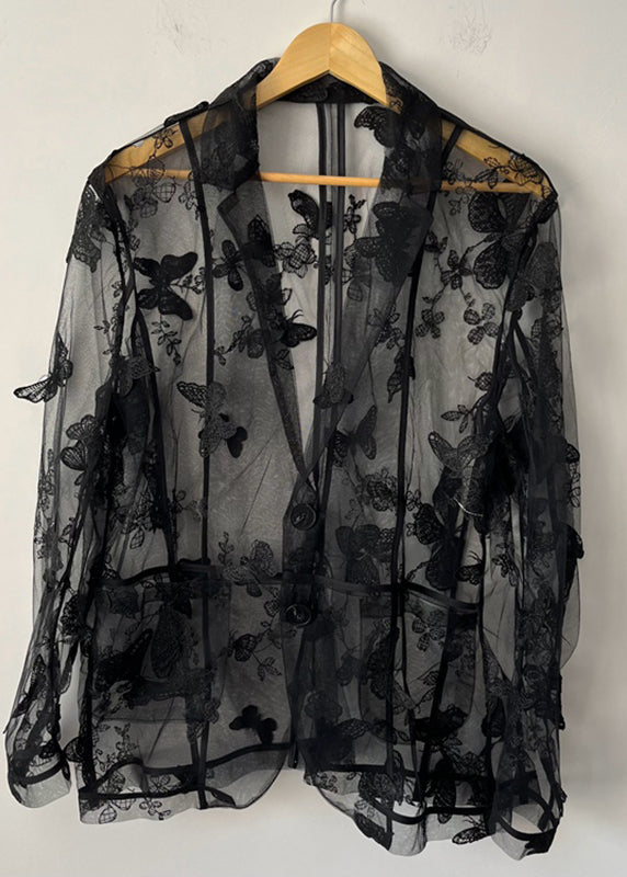 Oversized Black Notched Butterfly Embroidered Tulle Shirt Summer