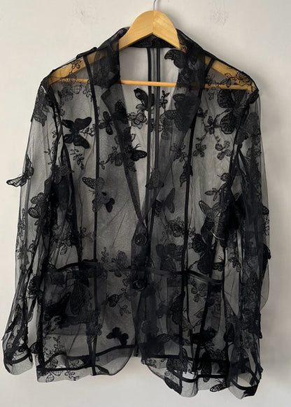 Oversized Black Notched Butterfly Embroidered Tulle Shirt Summer