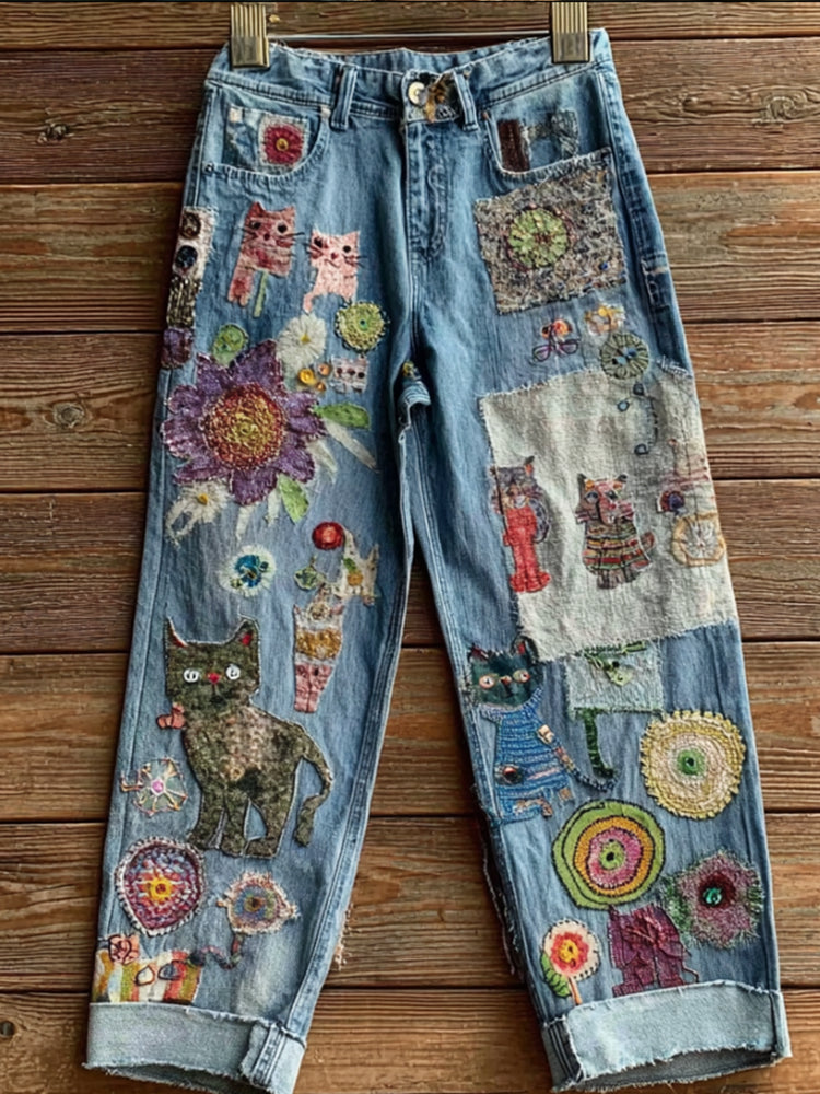 Women's Bohemian-style Floral Cat-print Jeans elevenforest