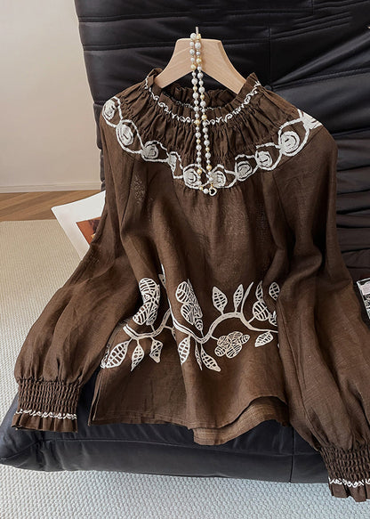 Coffee Embroidered Wrinkled Cotton Blouses Fall