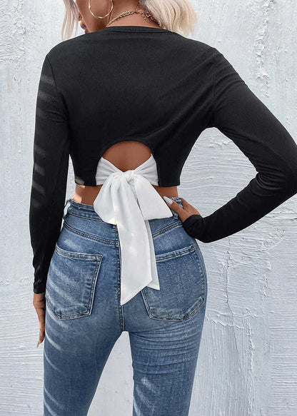 Black Backless Bow Cotton Tops Spring