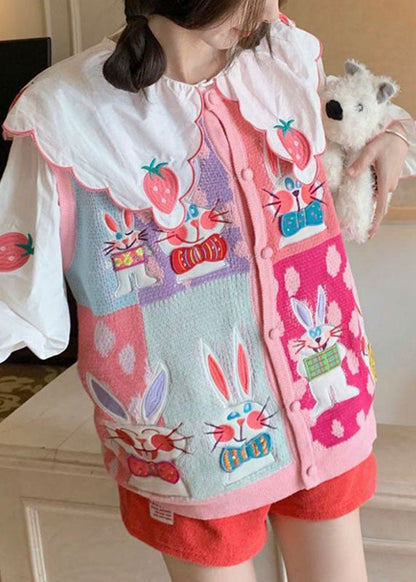 Animal Print Button Pink Cotton Knit Waistcoat and White Shirts Two Pieces Set Long Sleeve