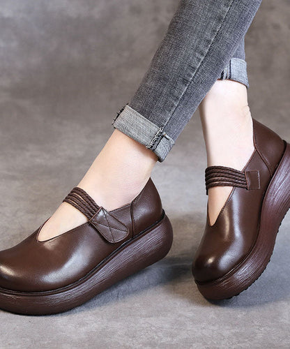 Diy Splicing Chunky High Wedge Heels Shoes Brown Cowhide Leather