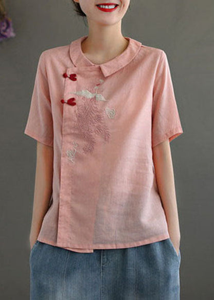 Pink Peter Pan Collar Embroideried Linen Blouse Tops Spring