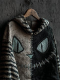 Halloween Vintage Cat Face Contrast Stitched Striped Sleeve Hoodie elevenforest