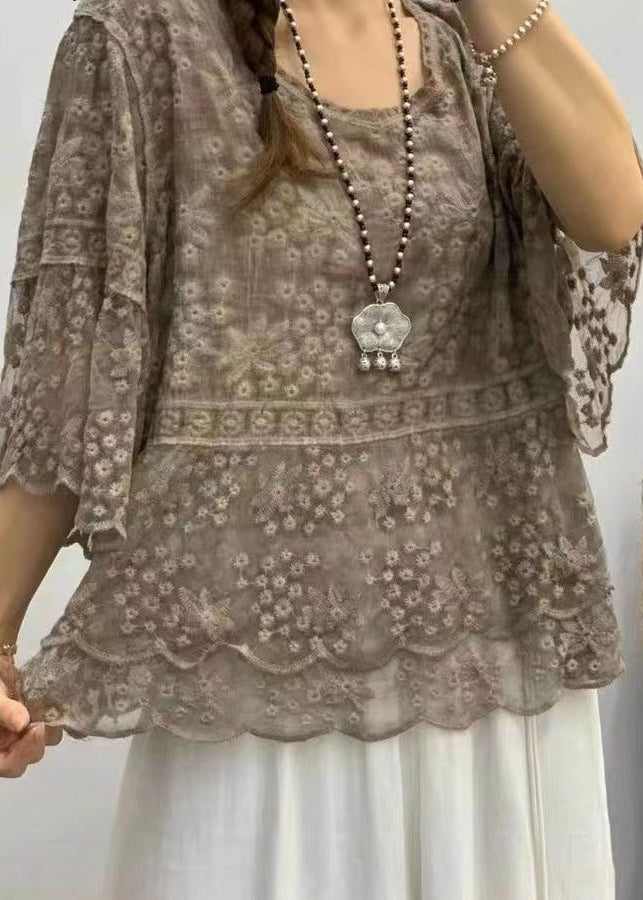 Purple O Neck Embroideried Lace Blouses Bracelet Sleeve