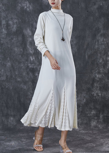 French White Stand Collar Patchwork Lace Knit Ankle Dress Spring