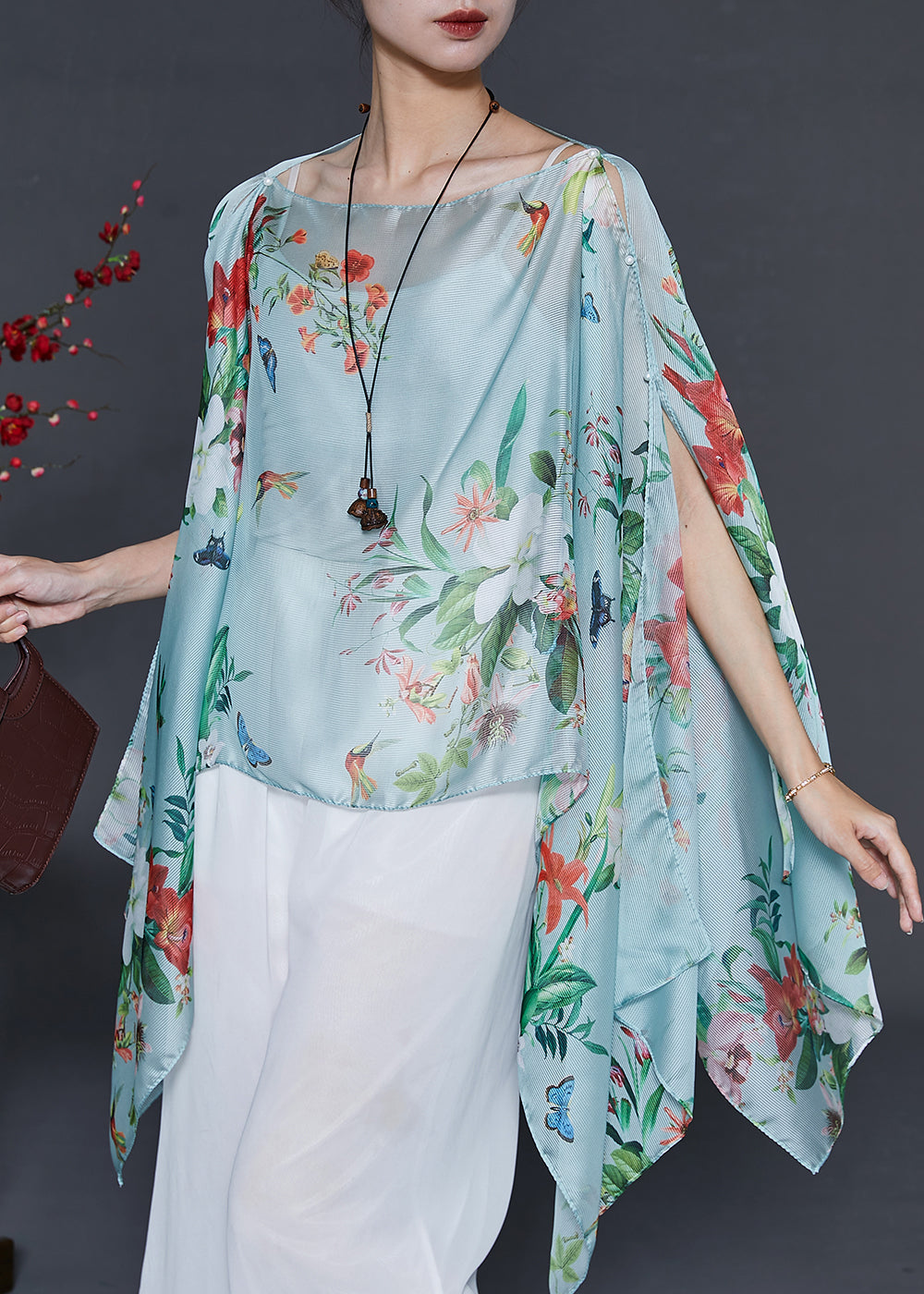 Diy Green Oversized Print Chiffon Upf 50+ Tops Summer