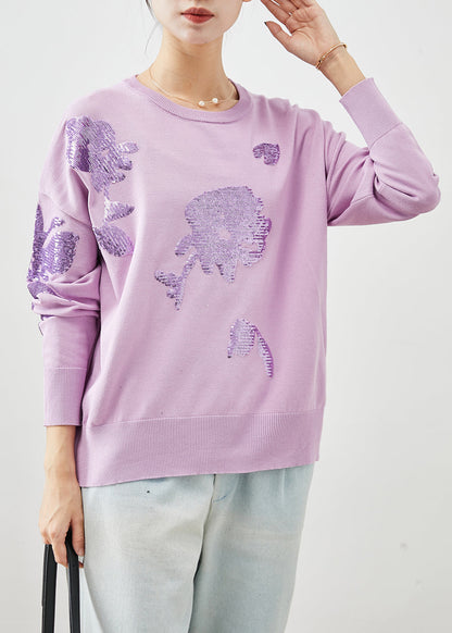 Organic Purple Sequins O-neck Knit Sweater Winter