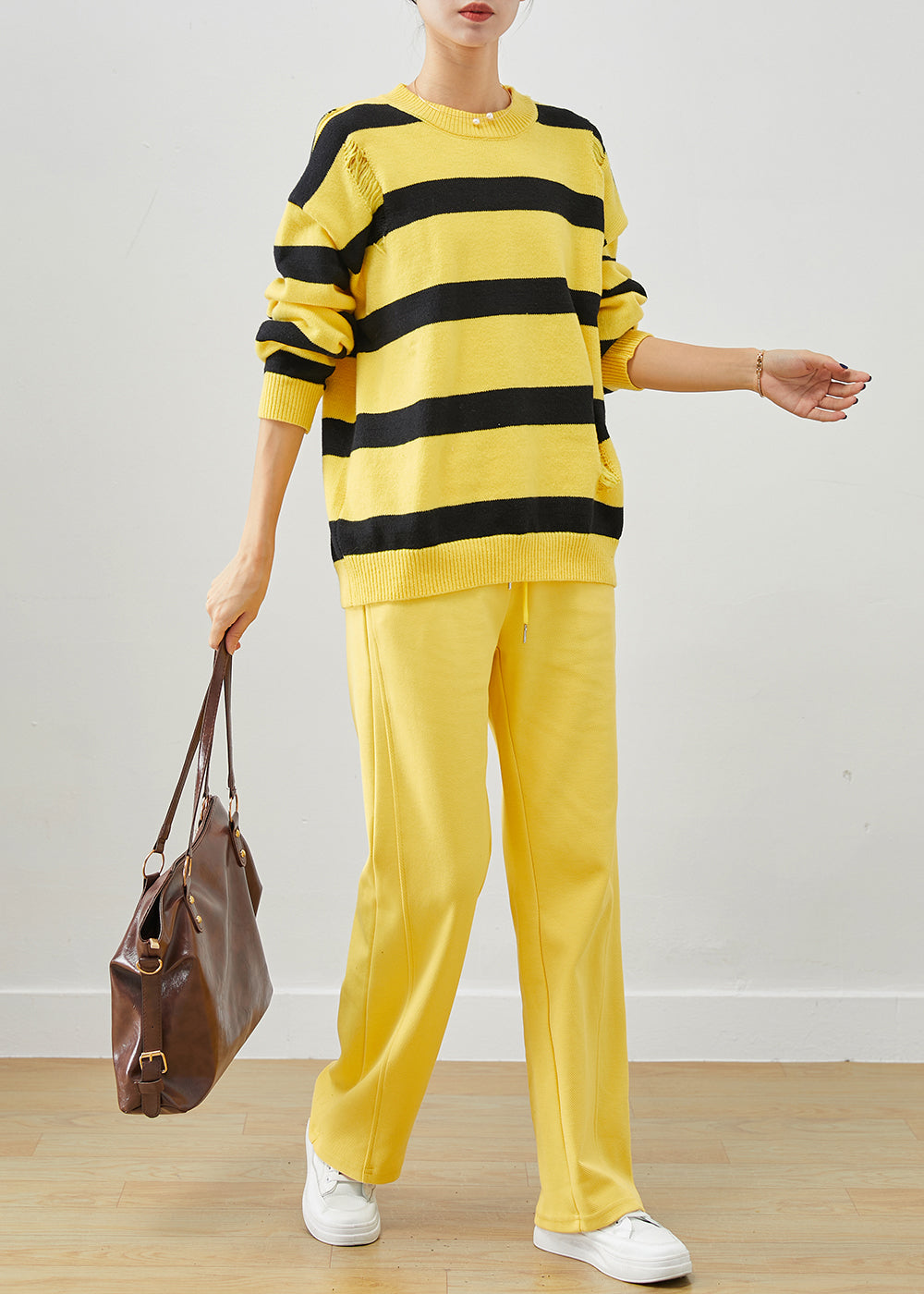 Yellow Oversized Striped Knit Ripped Two Pieces Set Fall