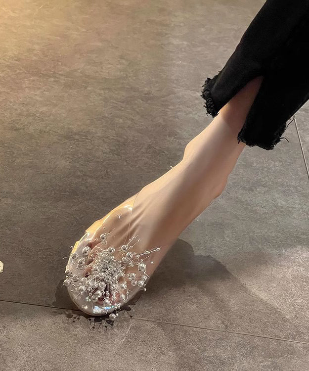 White Nail Bead Splicing Clear Slide Sandals