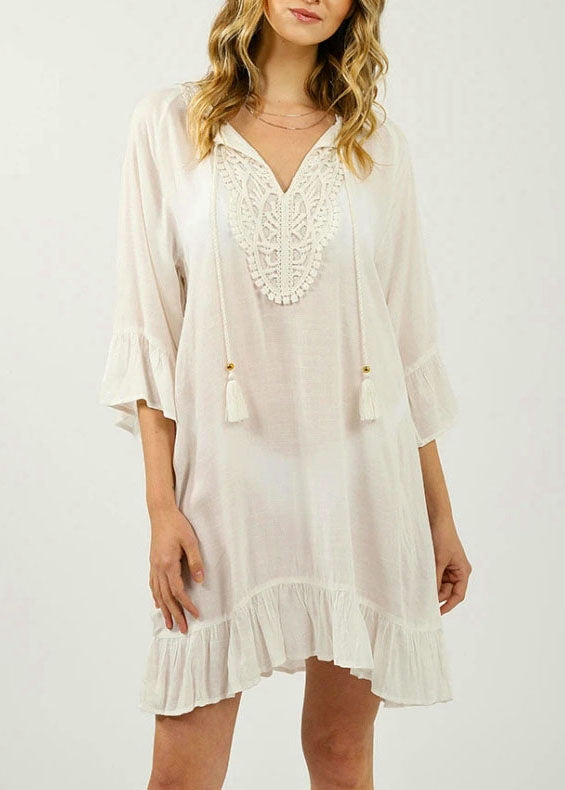 Loose White Patchwork Hollow Out Flare Sleeve Mini Dress Summer Cotton Dress
