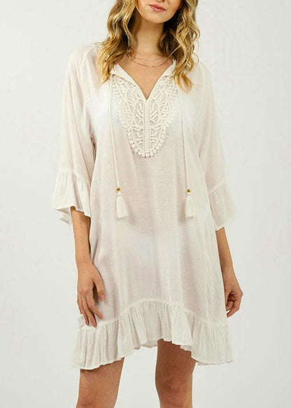 Loose White Patchwork Hollow Out Flare Sleeve Mini Dress Summer Cotton Dress