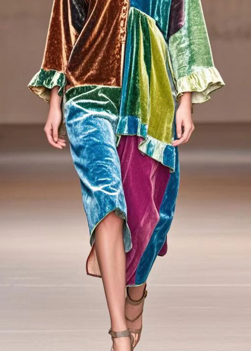 Italian Multicolor Asymmetrical Patchwork Silk Velour Day Dress Fall