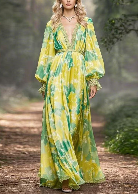 Fine Green Print High Waist Chiffon Maxi Dresses Flare Sleeve Fall