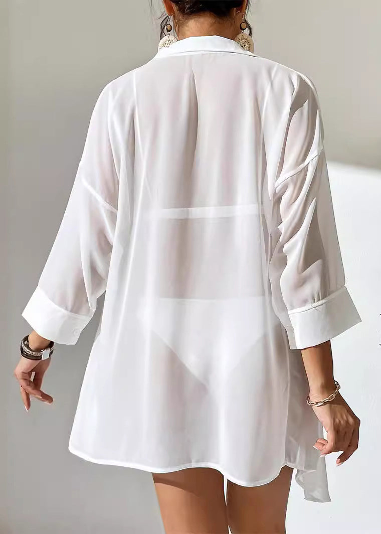 Simple White Peter Pan Collar Patchwork Button Chiffon Shirts Summer