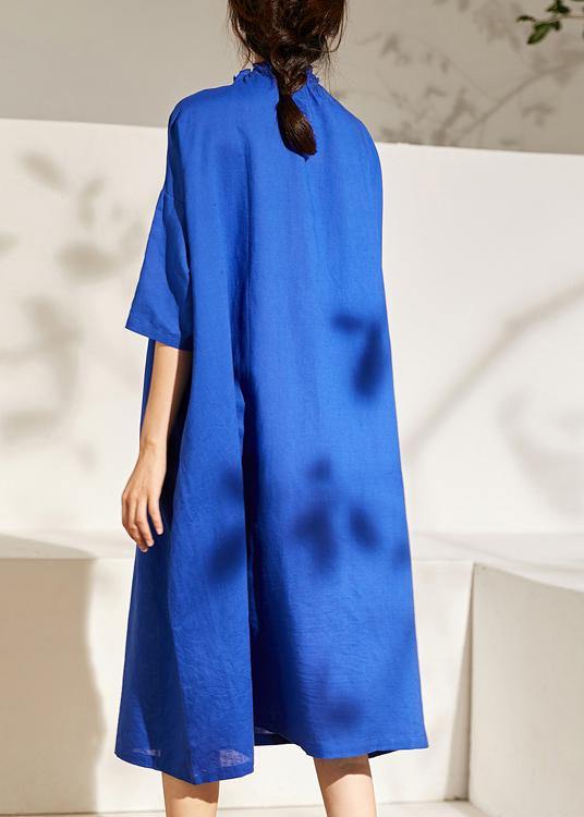 Boutique Blue Wrinkled Summer Linen Summer Dress Half Sleeve