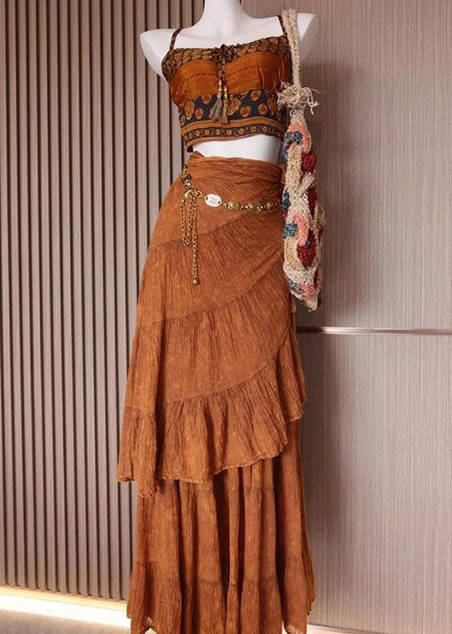 Brown Print Tank and Skirts Cotton 2 Piece Outfit Sleeveless