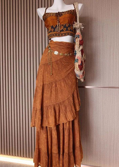Brown Print Tank and Skirts Cotton 2 Piece Outfit Sleeveless