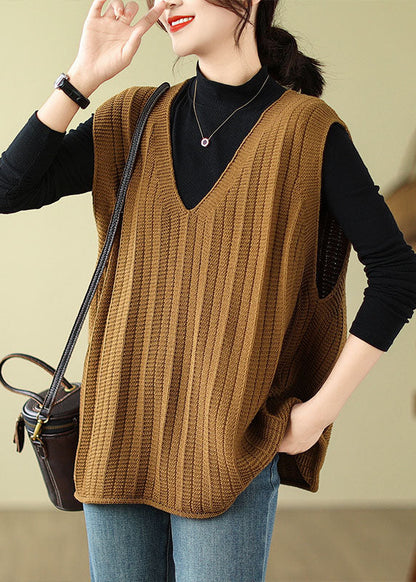 Loose Coffee V Neck Cozy Knit Waistcoat Fall