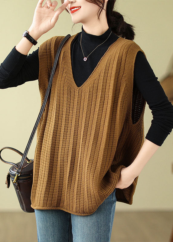 Loose Coffee V Neck Cozy Knit Waistcoat Fall