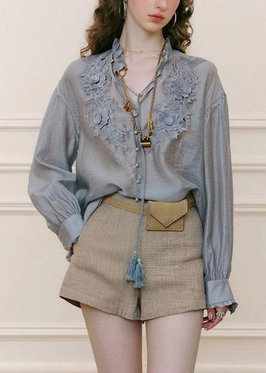 French Smog Blue V Neck Embroidered Shirts Spring