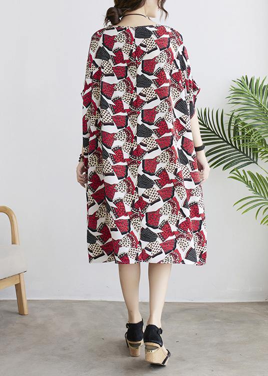 Diy Red Print Batwing Sleeve Summer Chiffon Dress