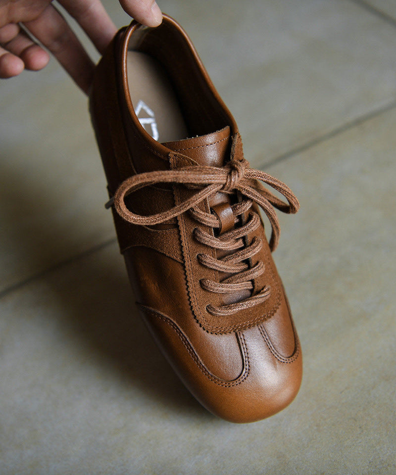 Retro Brown Cowhide Leather Splicing Flat Feet Shoes Lace Up