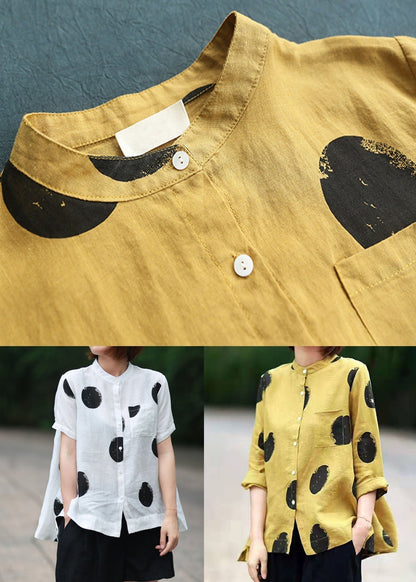 Blue Dot Print Patchwork Linen Top Button Stand Collar Summer