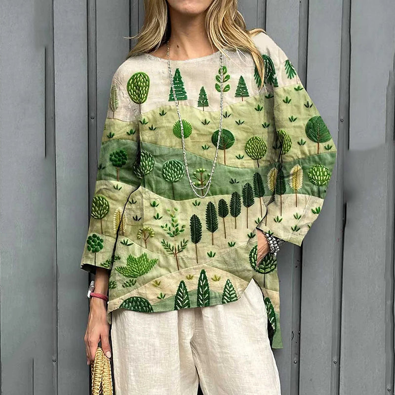 Women's Vintage Flowers Art Print Linen T-shirt artswardrobe