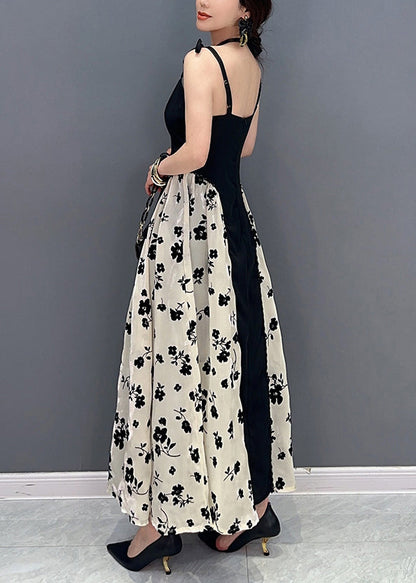 Black Bustier Top Patchwork Print Silk Spaghetti Strap Dress Summer