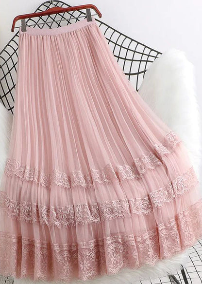 Brown High Waist Tulle Maxi Skirts Woman Mesh Lace Patchwork